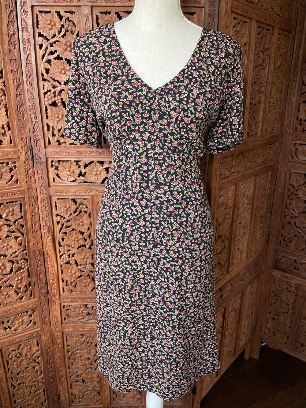 Vintage Pin Up Classy Retro Black Cherry Short Sleeve Midi Dress